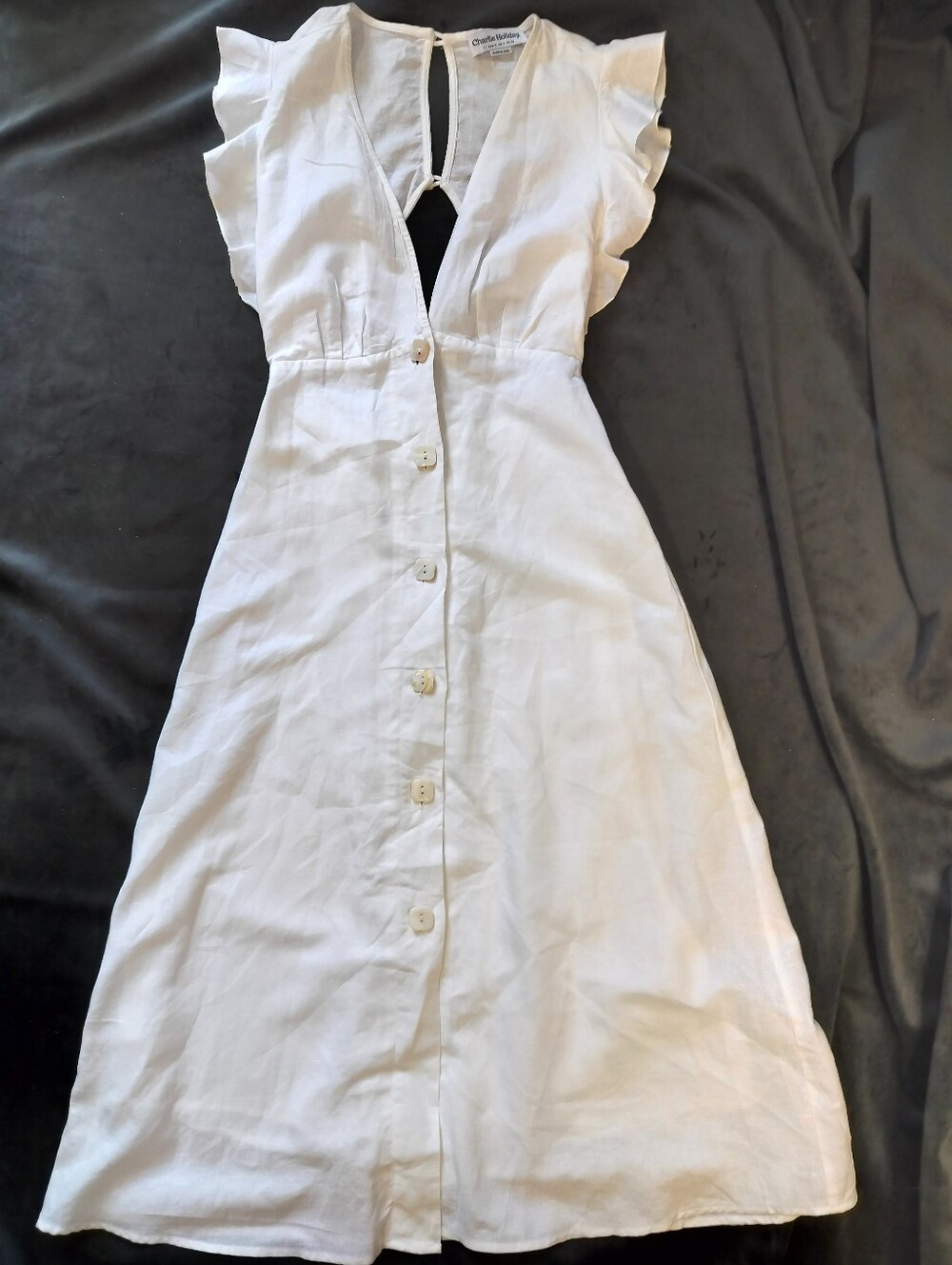 EUC Charlie Holiday White Linen Cotton Button Up Midi Dress Flutter Sleeves XS - Picture 1 of 8
